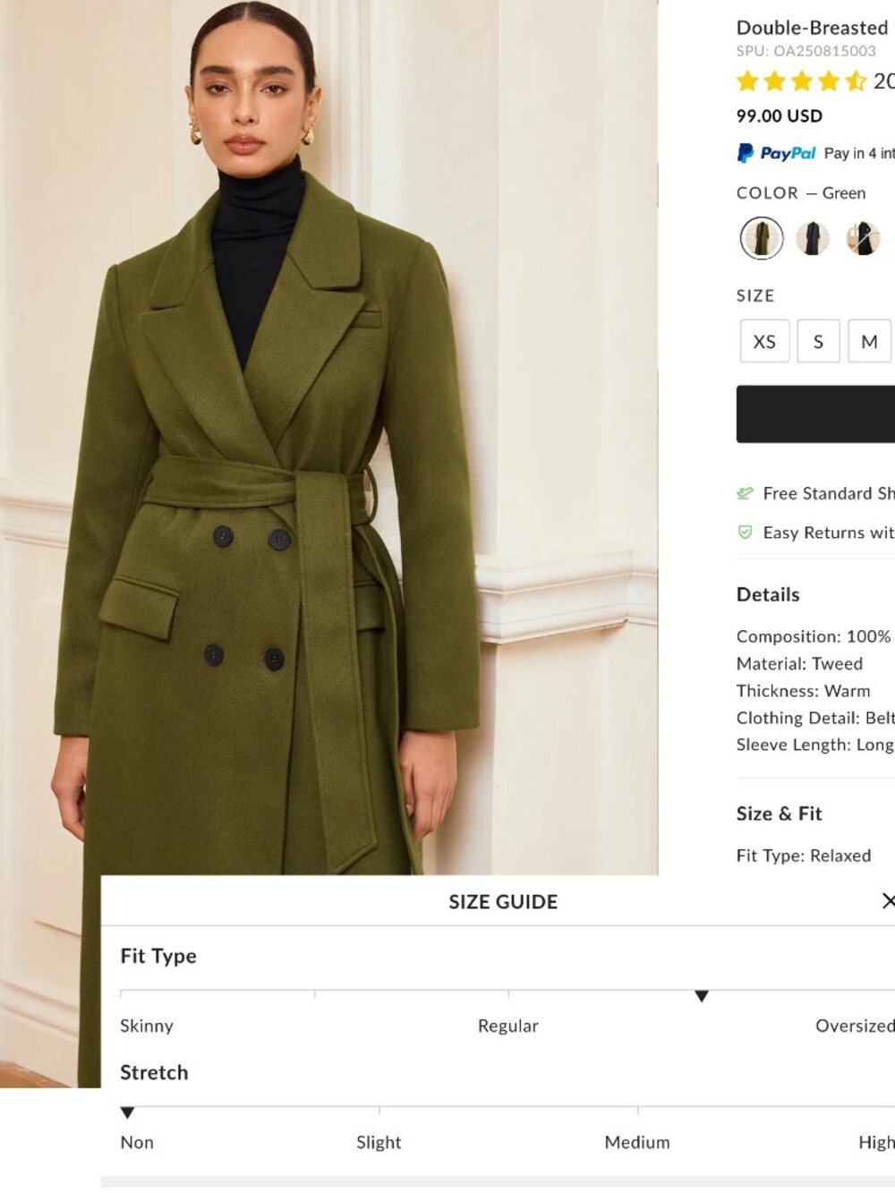 Commense Double-Breasted Belted Long Coat - Olive Green